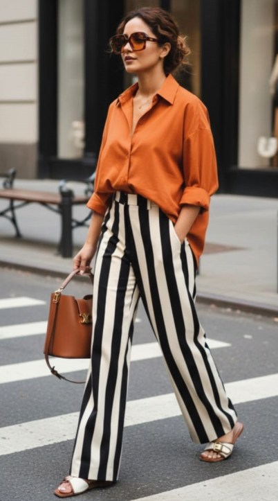 Mulher caminhando na rua, vestindo uma camisa laranja, calças listradas em preto e branco e sandálias brancas, carregando uma bolsa marrom.