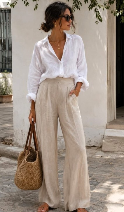 Mulher de pé em uma rua, usando uma camisa branca e calças largas de linho, segurando uma bolsa de palha.