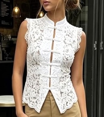 Uma blusa de renda branca com detalhes elegantes e fechamento frontal, usada por uma mulher em um ambiente externo.